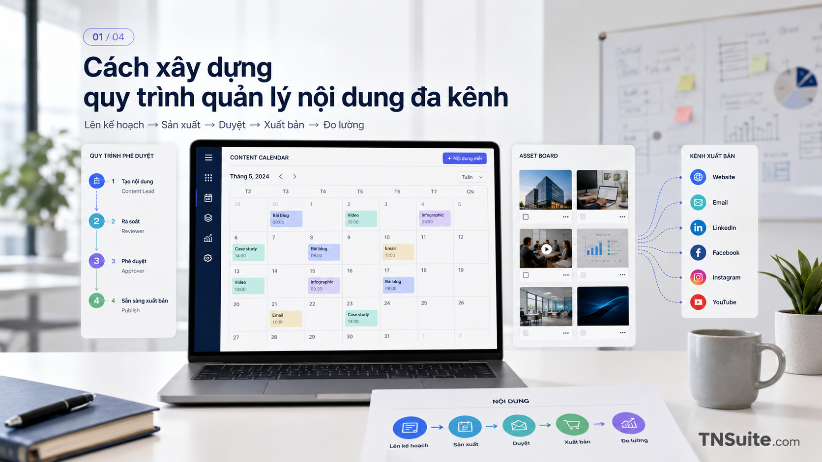 Minh họa editorial về lịch nội dung đa kênh, asset, trạng thái duyệt và nhiều nền tảng xuất bản.