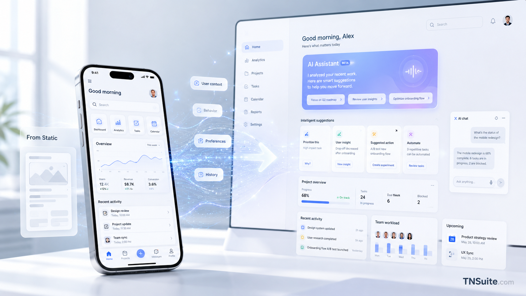 Minh họa nhiều màn hình ứng dụng hiện đại với khối AI, dashboard, thẻ tác vụ và bề mặt sáng theo phong cách editorial.