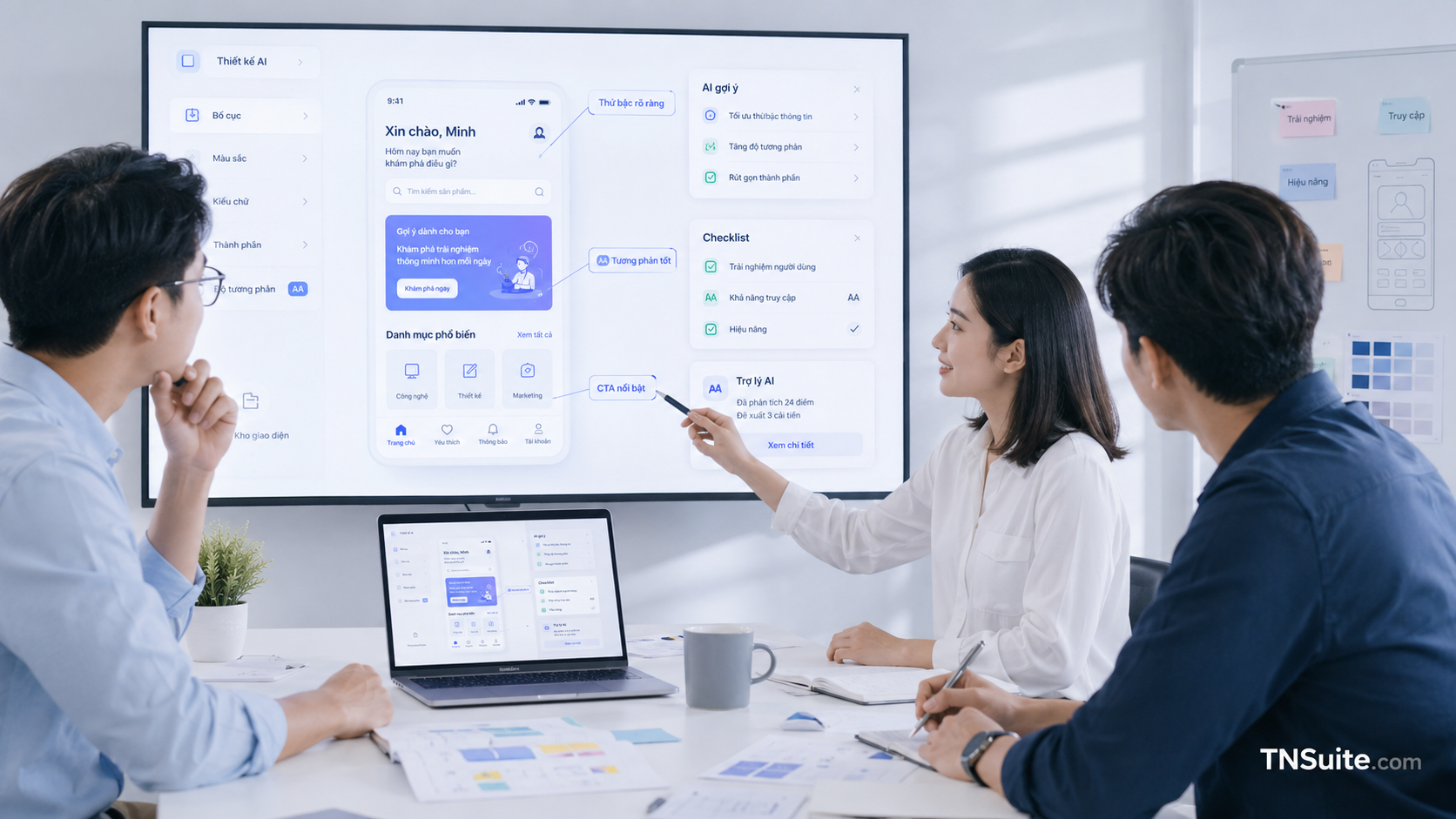 Banner kết bài với designer và product team đang đánh giá giao diện AI bằng checklist và thành phần điều khiển.