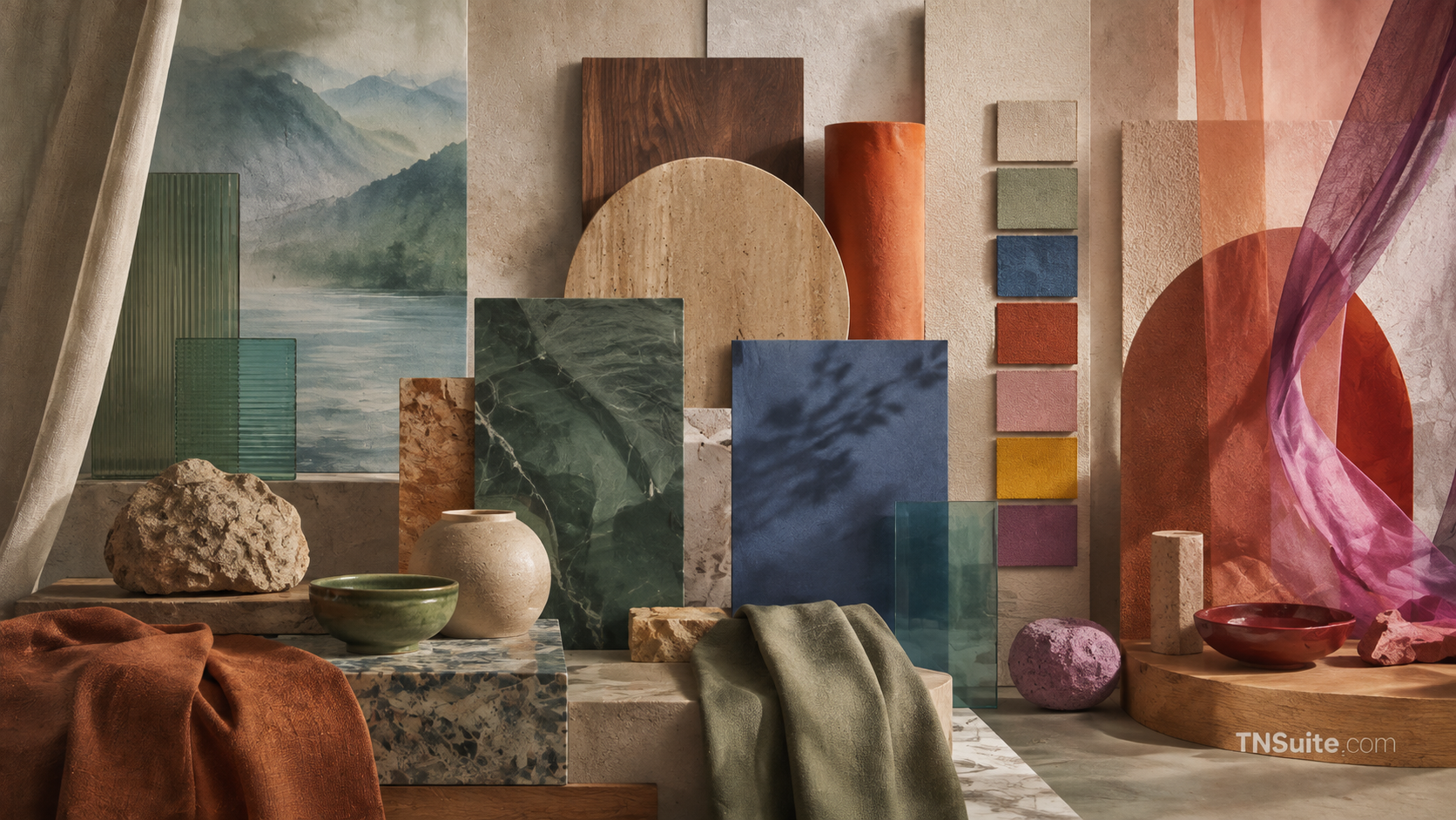 Moodboard vật liệu và các họ màu dẫn dắt giai đoạn 2026–2028 gồm nâu ấm, xanh lục, xanh lam và trung tính ấm.