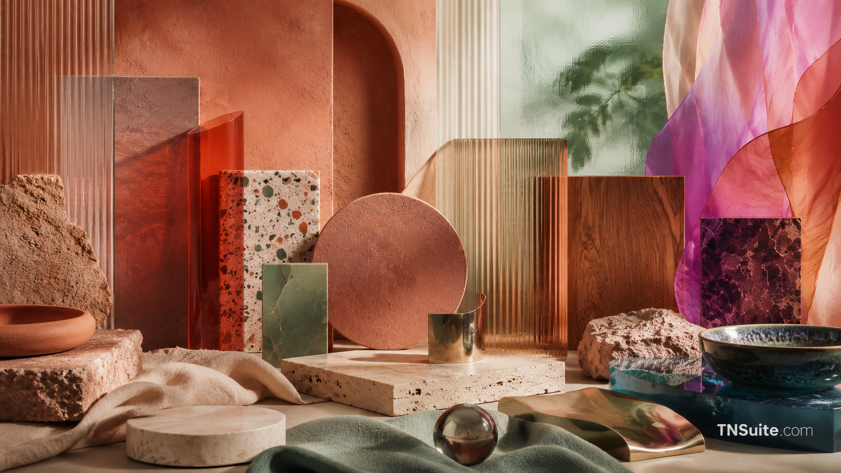Bảng vật liệu gồm terracotta, đá, gỗ, kính, kim loại, gốm và vải cho thấy màu sắc gắn chặt với bề mặt và ánh sáng.