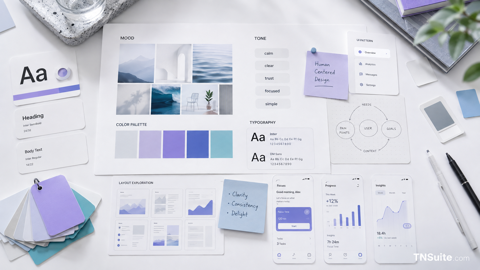 Digital product moodboard with color palette, typography, reference images, and UI elements on a modern light background.