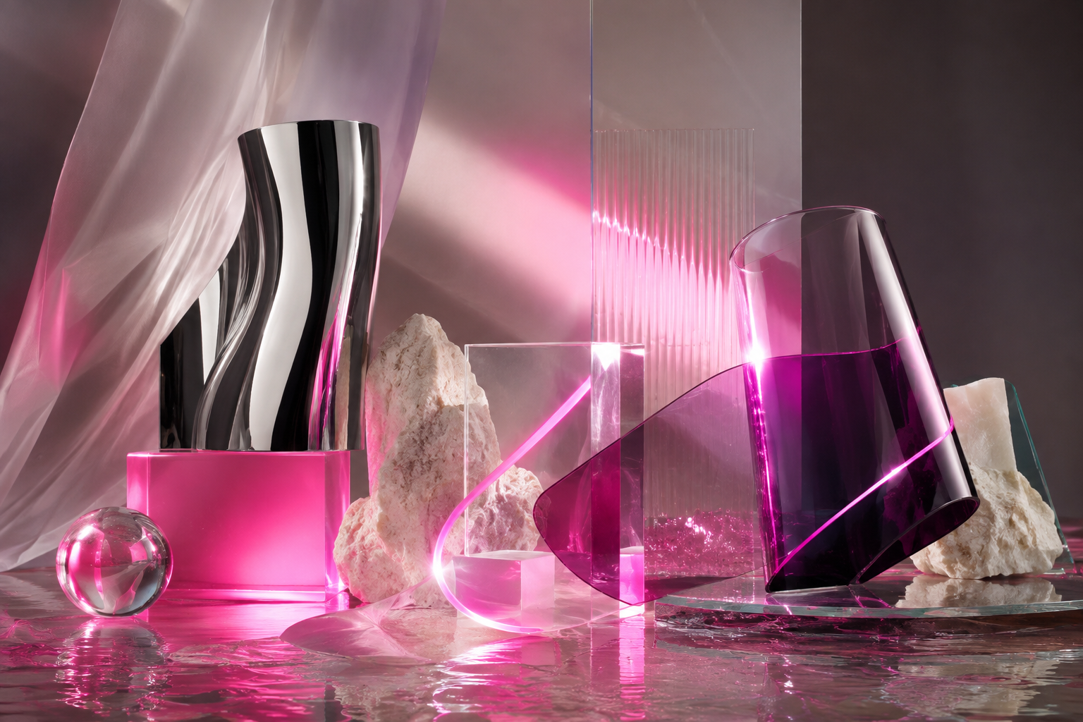 Electric Fuchsia trong ngôn ngữ thiết kế phygital, ánh sáng tổng hợp và vật liệu bóng